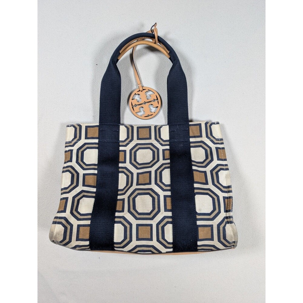 Tory Burch David Hicks Geometric Black/Beige Tote Bag with Logo Accent Bag Charm